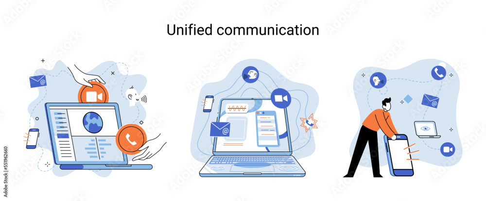 Poster unified communication metaphor. characters use wireless telephony connection. telecommunication syst