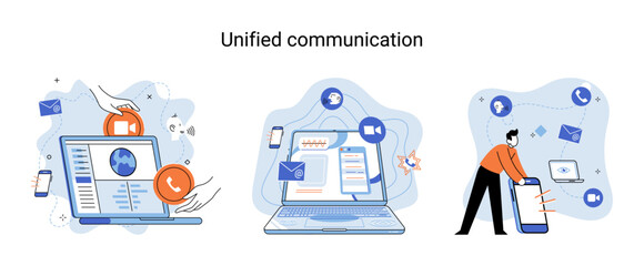 Unified communication metaphor. Characters use wireless telephony connection. Telecommunication system via cloud or network. Social media creative idea. Online social network. Business interaction app