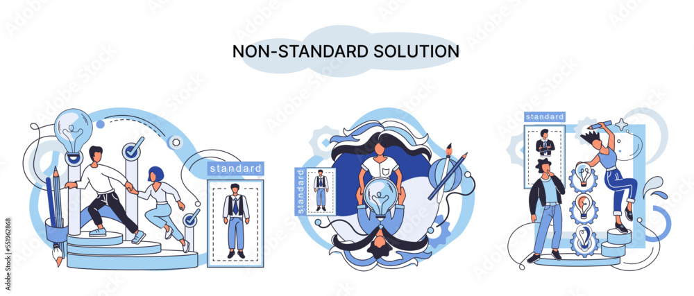 Poster non standart solution metaphor. finding decisionss, problem solving. teamwork, partnership. working 