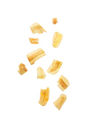 Falling banana chips isolated on white background with clipping path.