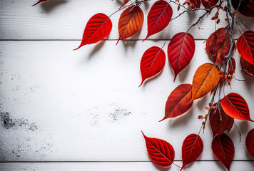 A background of autumn with available copy space. Red leaves against a white wood backdrop.. Generative AI