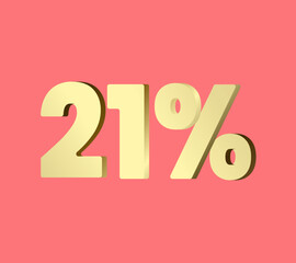 21 percent 3Ds Letter Golden, 3Ds Level Gold color, Twenty one 3D Percent on red color background, and can use as transparent gold 3Ds letter for levels, calculated level, vector illustration.