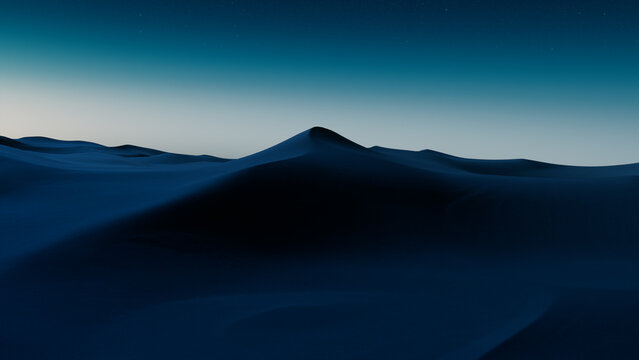 Rolling Sand Dunes form a Scenic Desert Landscape. Dawn Wallpaper with Cool Gradient Starry Sky.