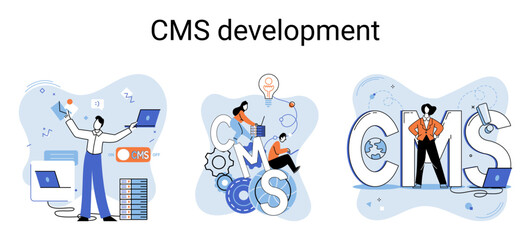 Digital content management system, CMS development software metaphor. Information system or computer program enable organize collaborative process of creating, editing and managing soft in network