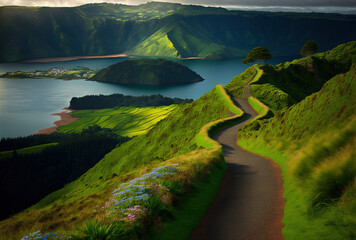 Portugal's azores island has a walking route that leads to a view of the lakes of sete cidades. Generative AI