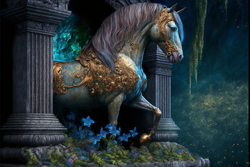 legendary horse walking through a portal, fantasy painting, wallpaper	