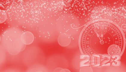 New Year 2023 card with creative clock and fireworks red background