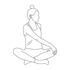 Line art of woman doing yoga in easy twist pose vector.