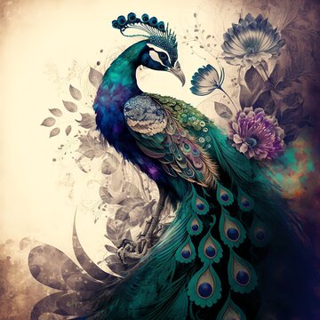 Bohemian background with a peacock, teal and earthy colors, generative art 