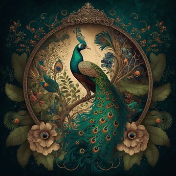 Bohemian background with a peacock, teal and earthy colors, generative art 