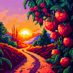 Pixel art of a landscape during golden hour