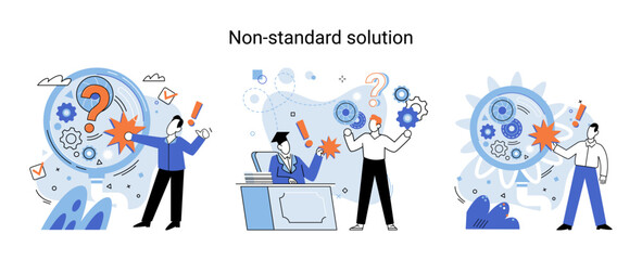 Fototapeta premium Non standart solution metaphor. Finding decisionss, problem solving. Teamwork, partnership. Working collaboration, corporate cooperation, creativity idea and innovation, colleagues mutual help concept