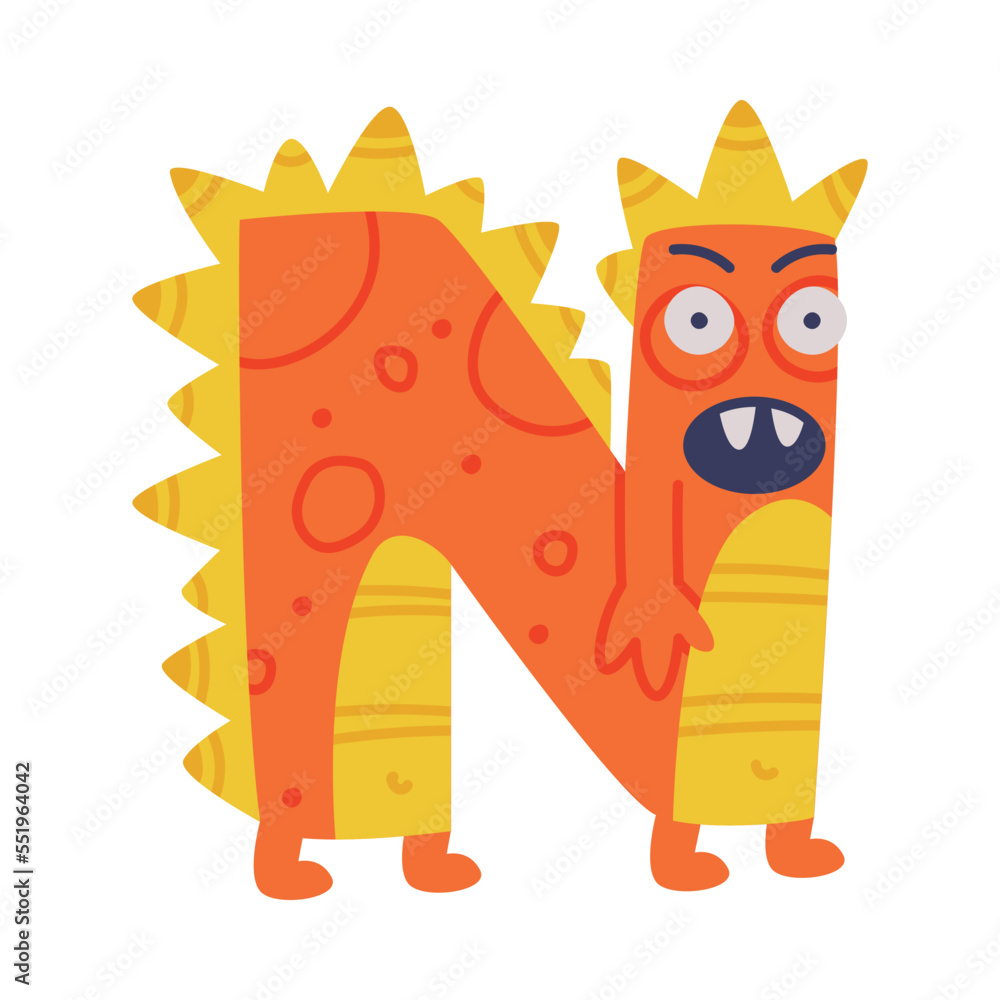 Poster Monster Alphabet with Orange Capital Letter N with Bulging Eyes Vector Illustration