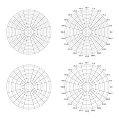 Polar Grid Isolated On White Background. Polar Coordinate Circular Grid And Graph Template. Polar Grid In Degrees