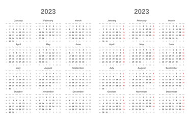 Simple Black And White Calendar For 2023. Week Starts On Monday. Sunday In Red Colors. 2023 Calendar Template 