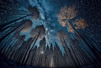 Lovely low angle photograph of a forest beneath a starry night sky. Generative AI