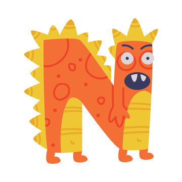 Monster Alphabet with Orange Capital Letter N with Bulging Eyes Vector Illustration