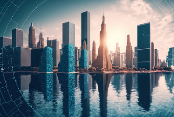 Decentralized economy blockchain cryptography and cryptocurrency idea hologram of a cityscape of Chicago's downtown and riverwalk at daytime in Illinois, the United States. Generative AI