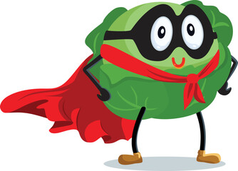 Strong Superhero Cabbage Vector Cartoon Character. Cheerful healthy eating mascot of a salad wearing a red cape
