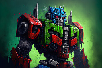 Red, blue, and green robot transformer on a green backdrop. Generative AI - obrazy, fototapety, plakaty