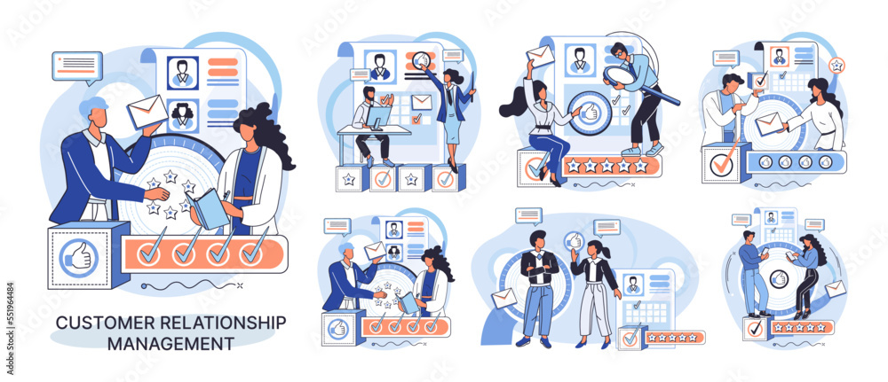 Poster crm metaphor. customer relationship management. application software for organizations automatisatio