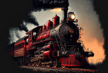 Fototapeta na wymiar Old fashioned red and black locomotive on a background. Generative AI
