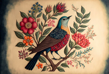 Folk art watercolor with a bird and flowers. Generative AI