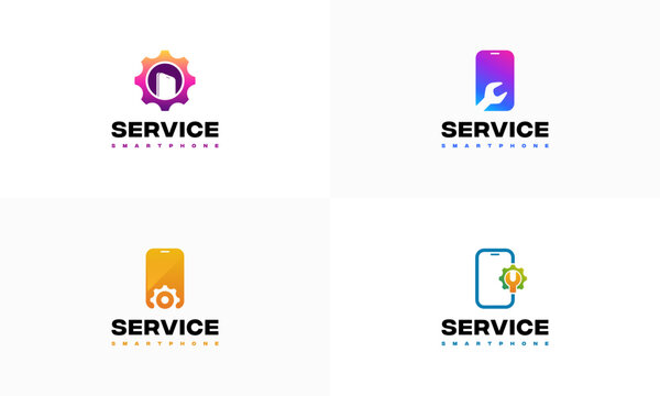 Set of Phone Service logo designs concept vector, Phone Gear and Wrench logo symbol icon