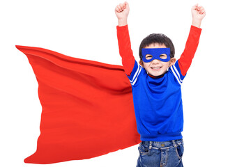Happy kid in red super hero cape and mask