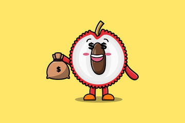 Cute cartoon Crazy rich Lychee with money bag shaped funny in modern design illustration