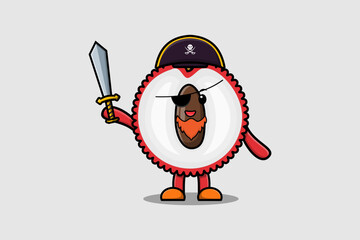 Cute cartoon mascot character Lychee pirate with hat and holding sword in modern design