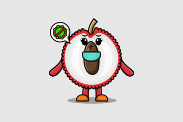 Cute cartoon illustration Lychee using mask to prevent virus in cute modern style design