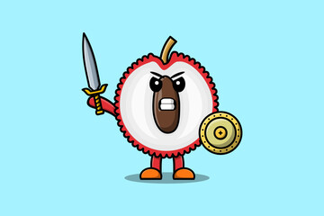 Cute cartoon character Lychee holding sword and shield in modern style design