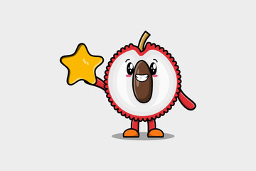Cute cartoon Lychee character holding big golden star in cute modern style design illustration