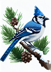 Bluejay on a Snowy Branch made with Generative AI Technology