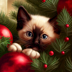 Siamese Kitten in Christmas Tree made with Generative AI Technology