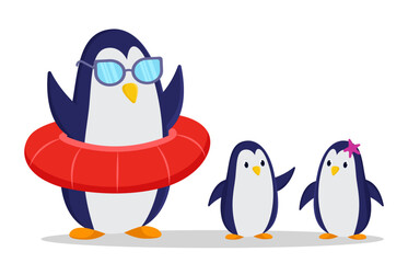 Comic penguin with sunglasses and lifebuoy vector illustration. Adult penguin cartoon character with kids isolated on white background. Wildlife, summer, family vacation concept