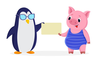 Comic penguin and pig holding blank banner vector illustration. Black and white bird and domestic animal cartoon characters with empty sign. Announcement, information, advertising concept