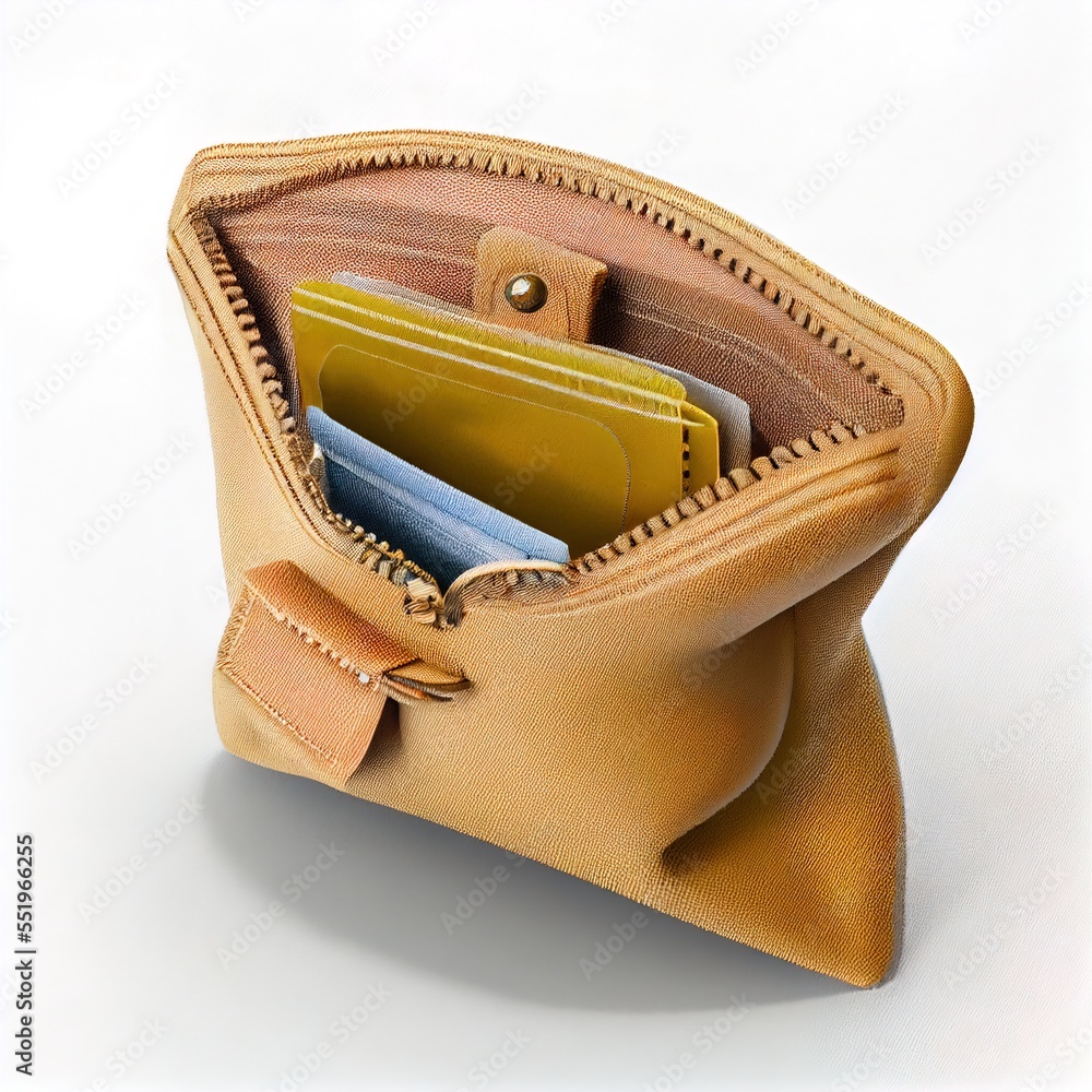 Poster a purse with a wallet inside of it on a white surface with a clipboard in it and a wallet in the poc