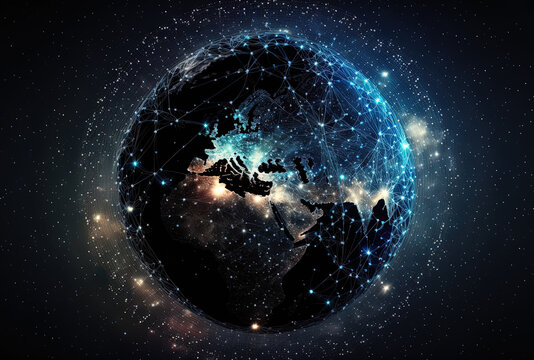 Digital Earth depicts the idea of a worldwide network connecting different nationalities in international trade against a background of stars and space. globalization theory and contemporary informati