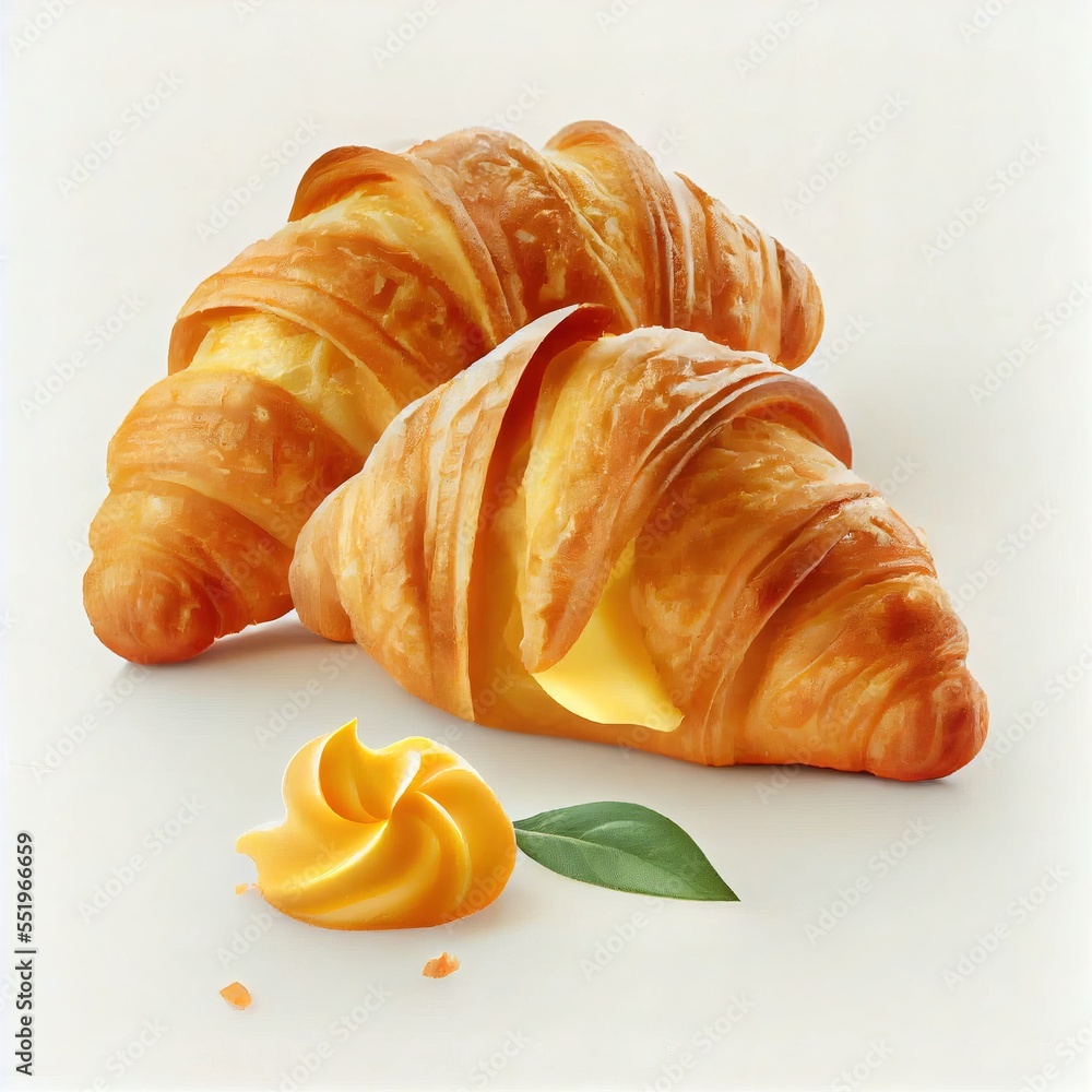 Poster a croissant with a bite taken out of it and a green leaf on the side of it. generative ai