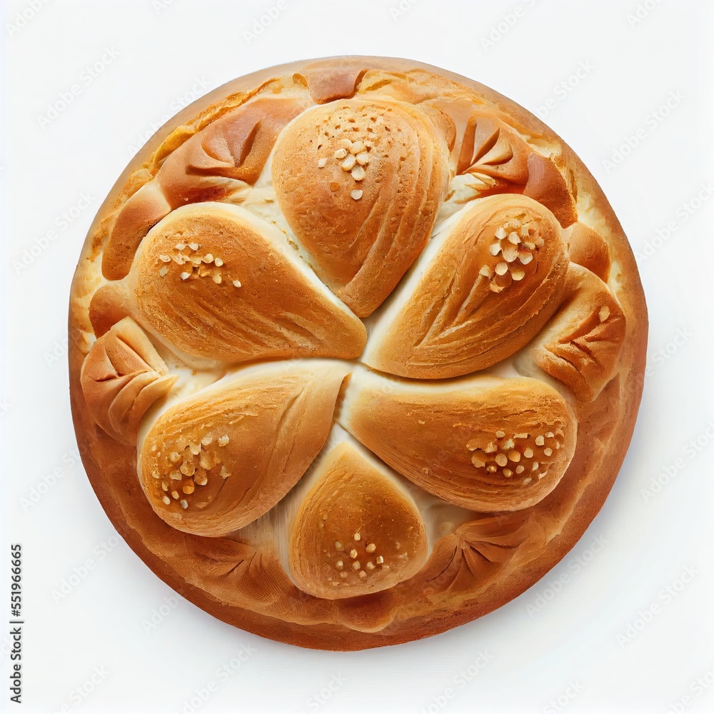 Poster a bread with a flower design on it on a white surface with a white background and a white background