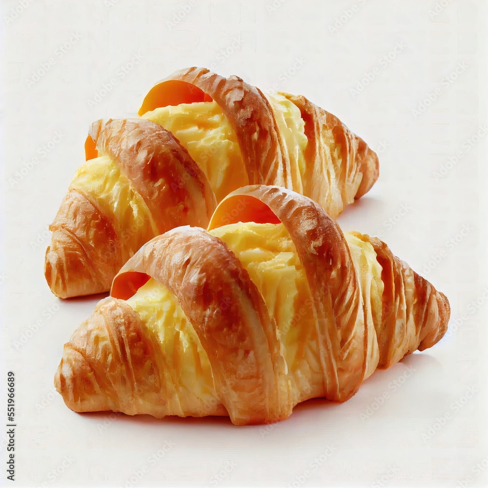 Poster a group of croissants with cheese and tomato slices on them on a white surface with a white backgrou