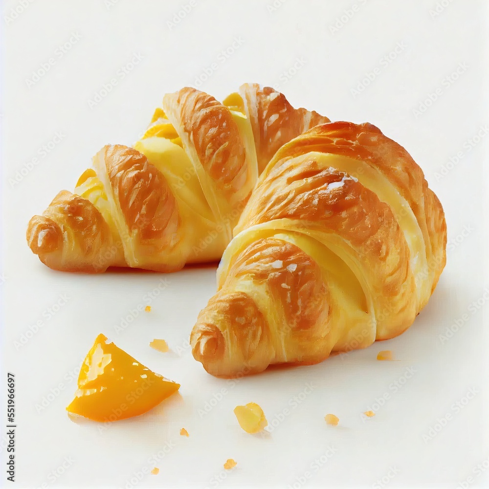 Poster a croissant with a bite taken out of it and a bite out of it on a white surface. generative ai