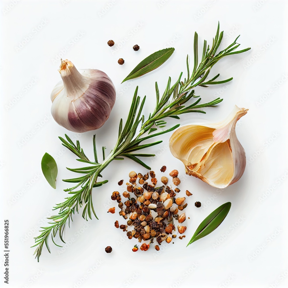 Poster a white table topped with different types of food and herbs on top of it's surface. generative ai