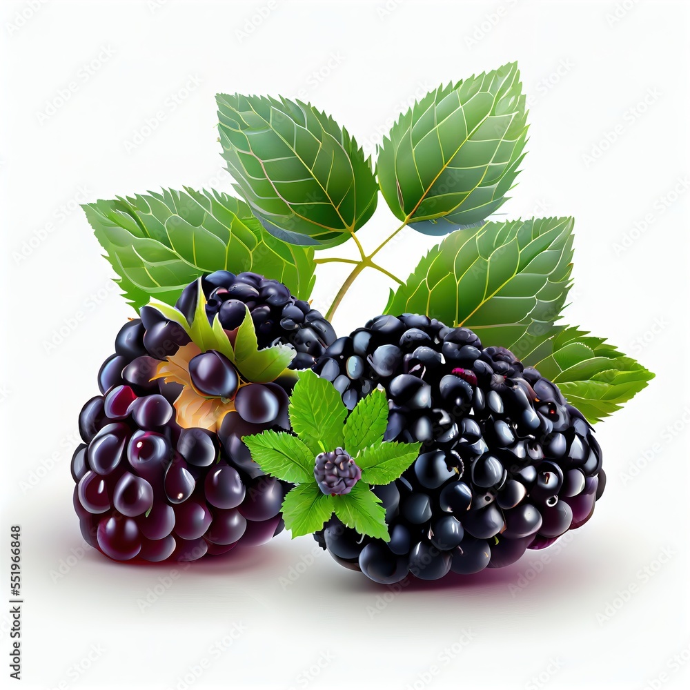 Poster a bunch of blackberries with leaves on a white background with a green leaf on top of it and a berry