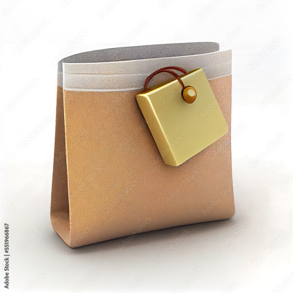 Poster a gold and white bag with a tag on it's side and a brown handle on the front. generative ai
