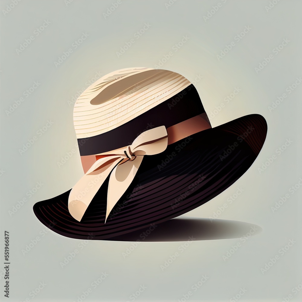 Poster a hat with a bow on it is shown in a flat lay position with a light gray background and a light blue