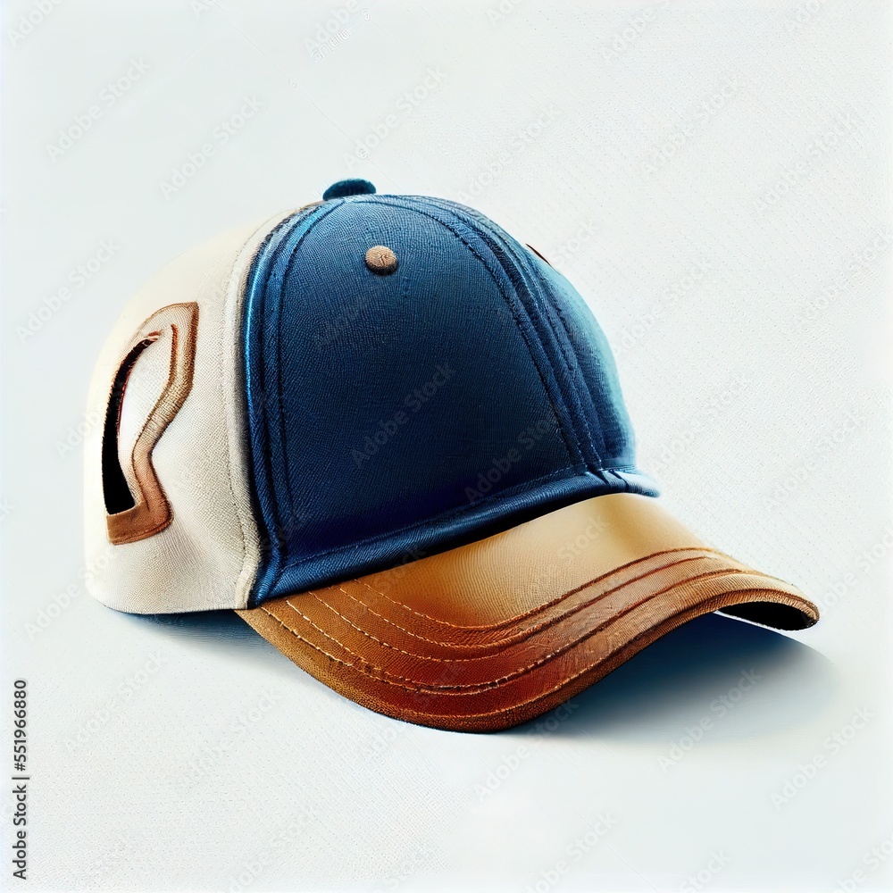 Poster a baseball cap with a curved peak and a curved peak on the front of it. generative ai