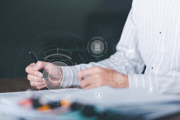 Businessman Audit documents, quality assessment management With a checklist, business document evaluation process, market data report analysis and consulting, plan review process.